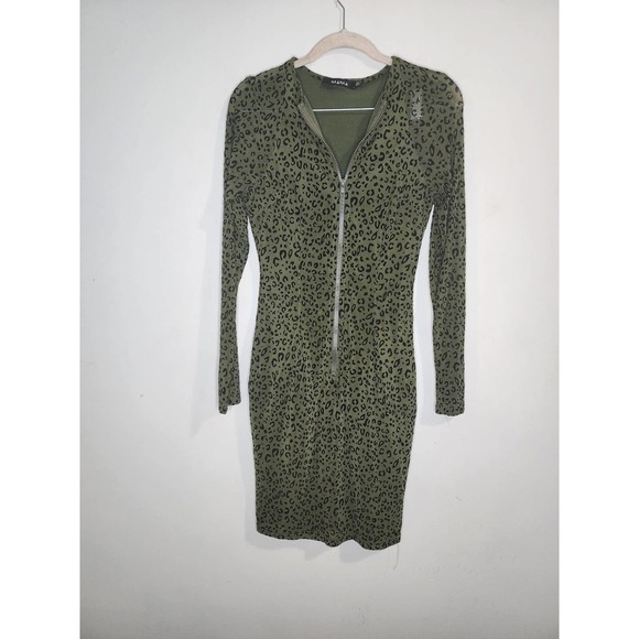 NaaNaa 1/2 Zip Front Green Bodycon Mini Animal Print Women 6 Mesh Dress - Picture 2 of 14